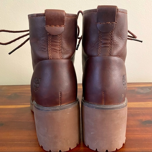 TIMBERLAND Cognac Leather Lace Up Chunky Heel Boots - Picture 5 of 8